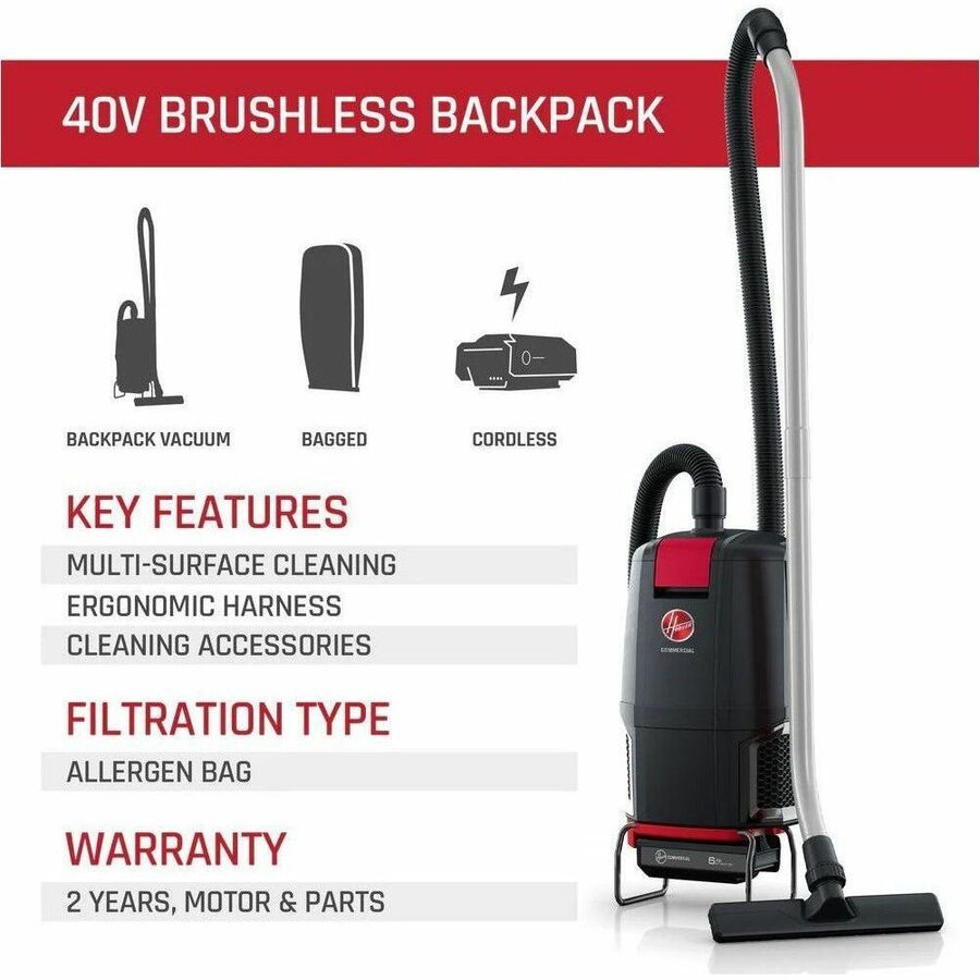 Hoover Commercial  40V  Brushless  Backpack  Tool  Only - 450 W Motor - Bagged - Hose, Wand - 5 ft Hose Length - HEPA - 