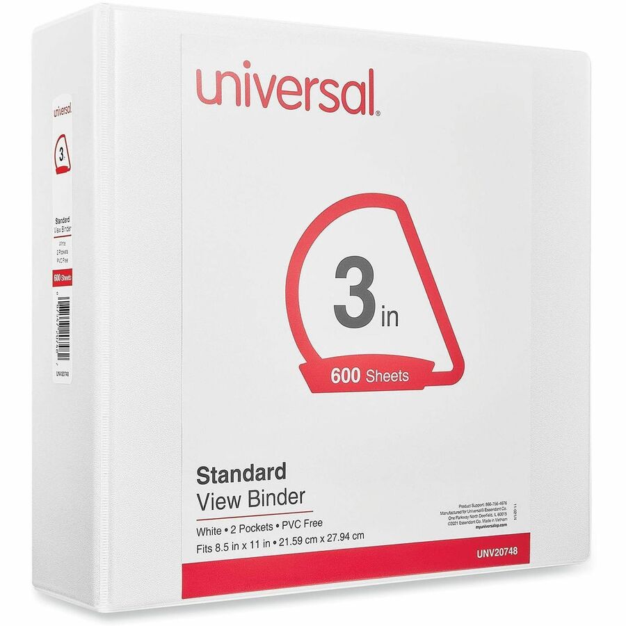 Universal Slant D-Ring View Binder, 3 Rings, 3" Capacity, 11 x 8.5, White - 3" Binder Capacity - 600 Sheet Capacity - 3 