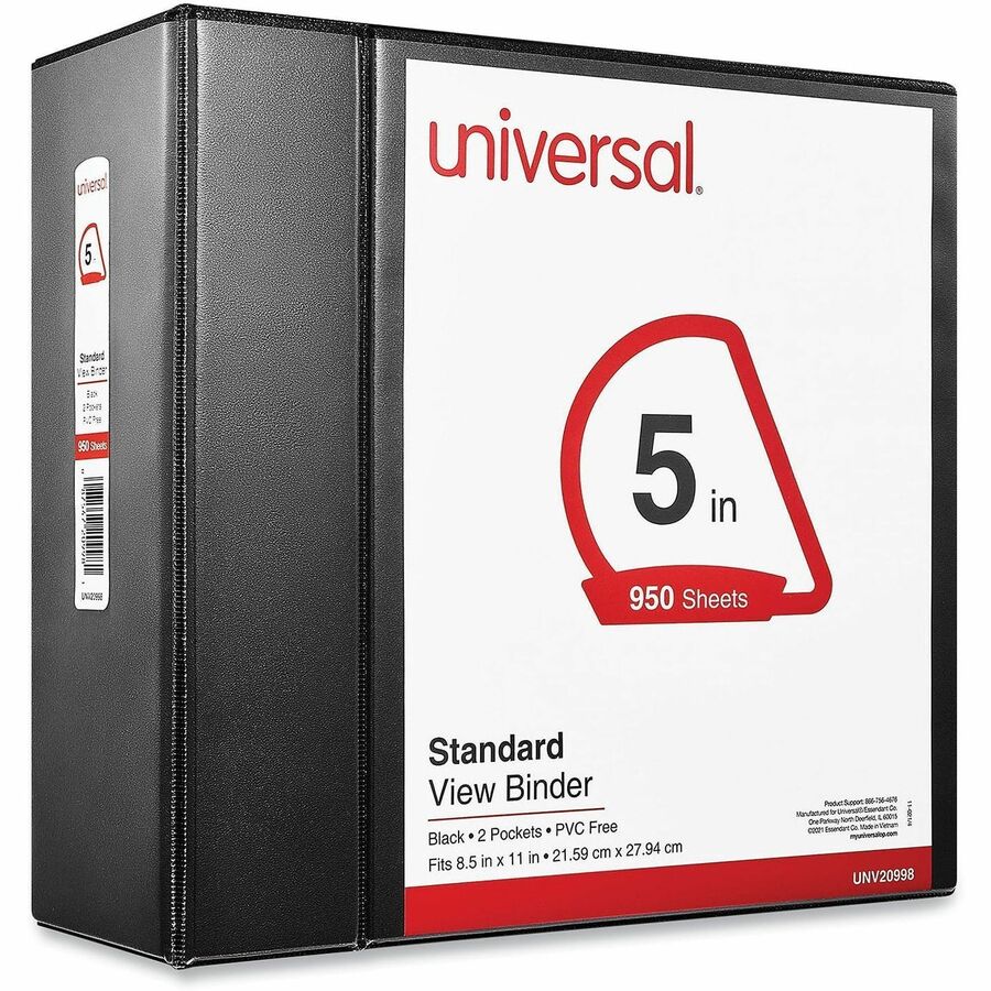 Universal Slant D-Ring View Binder, 3 Rings, 5" Capacity, 11 x 8.5, Black - 5" Binder Capacity - 950 Sheet Capacity - 3 