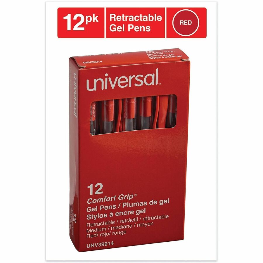 Universal - 0.7 mm Medium, Conical Pen Point - Retractable - Red Ink - Gel-based, Water Based - Clear, Red Barrel - 12 /