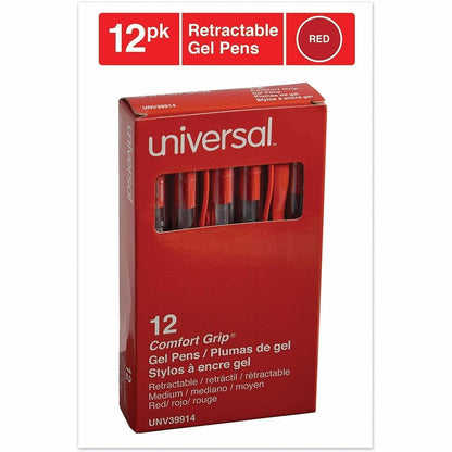 Universal - 0.7 mm Medium, Conical Pen Point - Retractable - Red Ink - Gel-based, Water Based - Clear, Red Barrel - 12 /