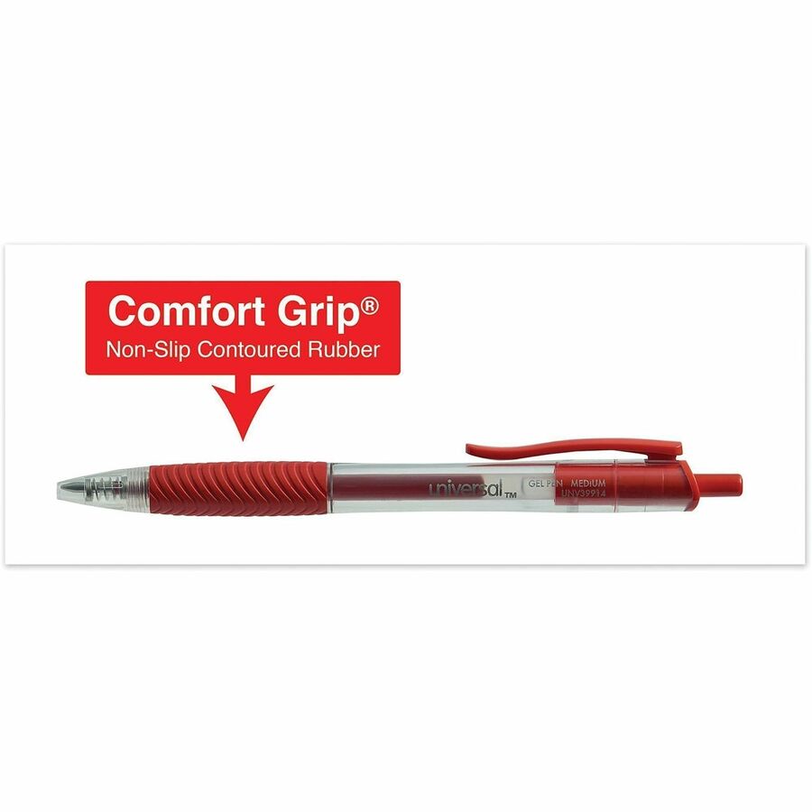 Universal - 0.7 mm Medium, Conical Pen Point - Retractable - Red Ink - Gel-based, Water Based - Clear, Red Barrel - 12 /