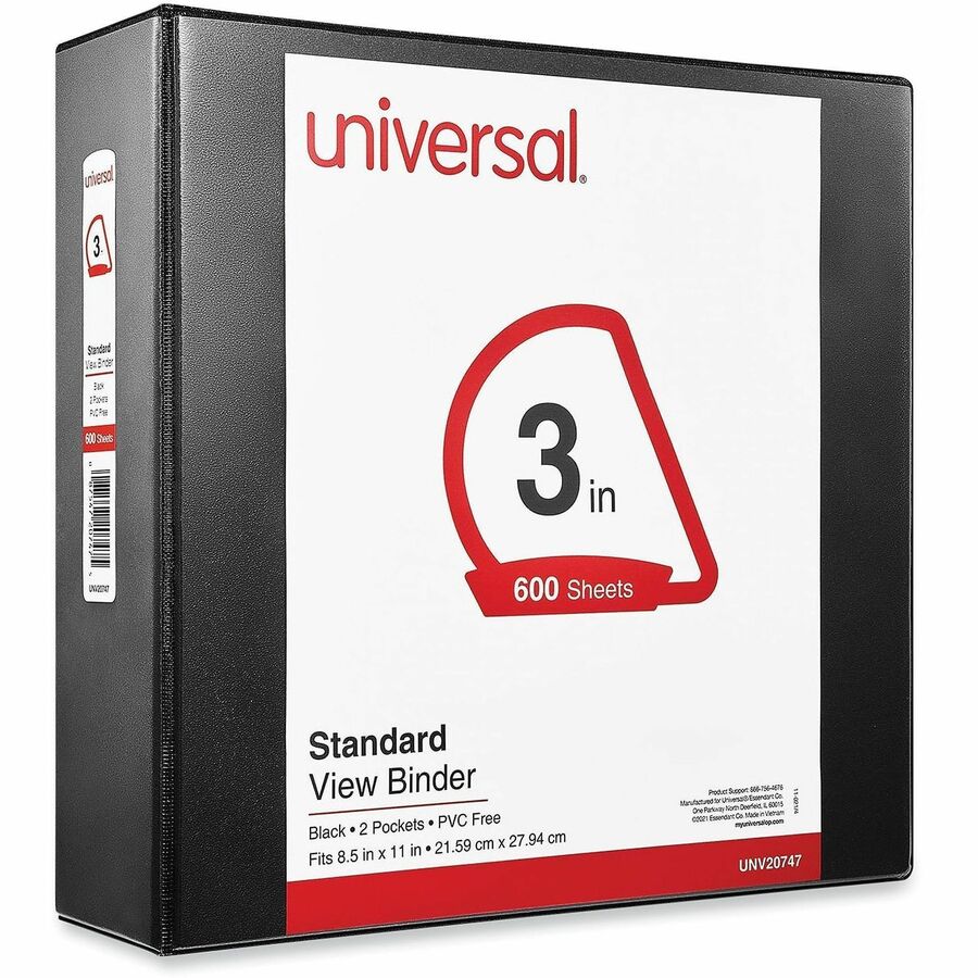 Universal Slant D-Ring View Binder, 3 Rings, 3" Capacity, 11 x 8.5, Black - 3" Binder Capacity - 600 Sheet Capacity - 3 