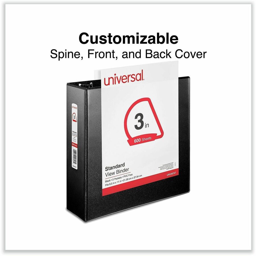 Universal Slant D-Ring View Binder, 3 Rings, 3" Capacity, 11 x 8.5, Black - 3" Binder Capacity - 600 Sheet Capacity - 3 