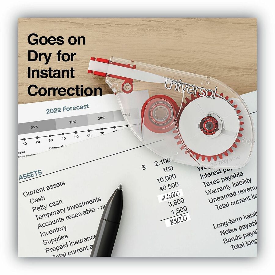 Universal Correction Tape - 0.20" Tape Width x 32.75 ft Tape Length - 1 Line(s) - White Tape - Red, Clear Dispenser - 6 