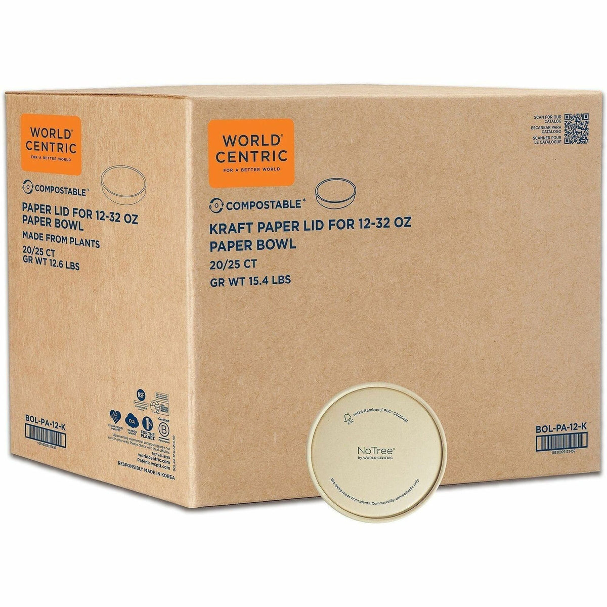 World Centric NoTree Compostable Kraft Paper Lids - Round - Paper, Kraft - Natural - 500 / Carton