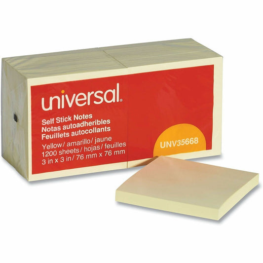 Universal Standard Self-Stick Pads - 1200 x Yellow - 3" Flag/Note Width x 3" Flag/Note Length - Square - 100 Sheets per 