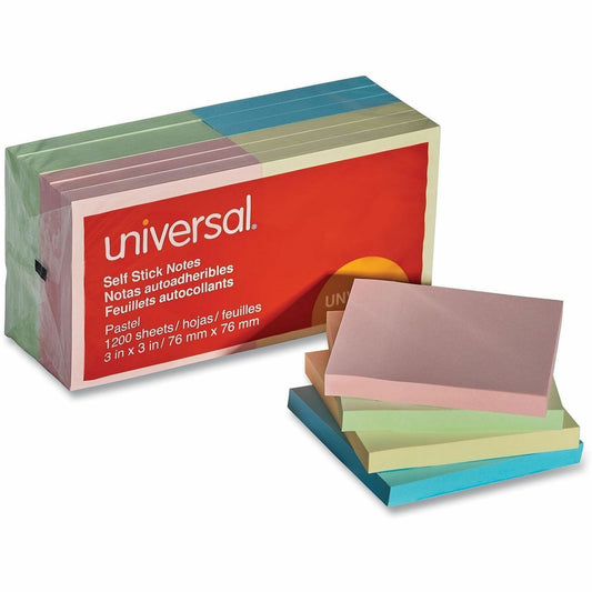 Universal Standard Self-Stick Pads - 1200 x Assorted Pastel - 3" Flag/Note Width x 3" Flag/Note Length - Square - 100 Sh