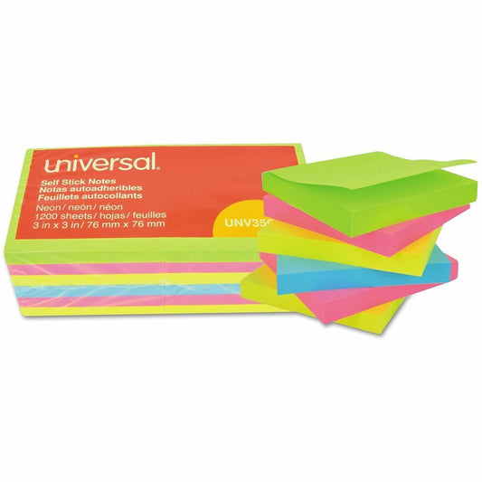 Universal Standard Self-Stick Pads - 1200 x Neon Assorted - 3" Flag/Note Width x 3" Flag/Note Length - Square - 100 Shee