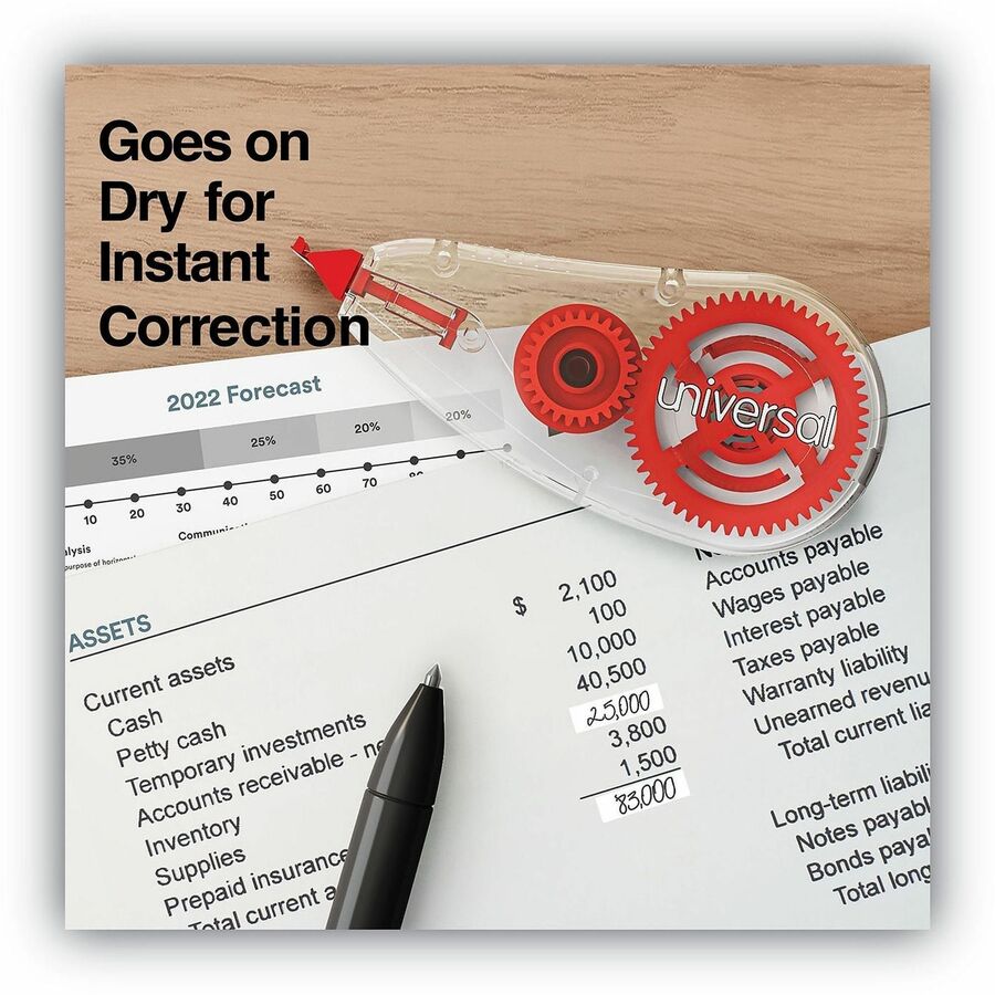 Universal Correction Tape - 0.20" Tape Width x 26.25 ft Tape Length - 1 Line(s) - White Tape - Clear, Red Dispenser - 2 
