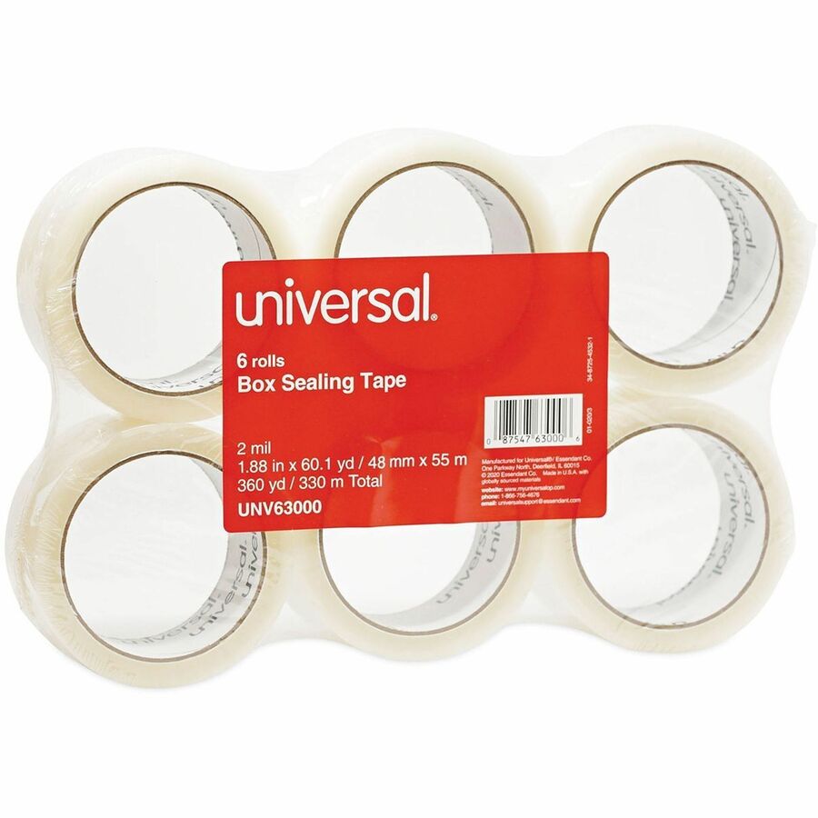 Universal General-Purpose Box Sealing Tape, 3" Core, 1.88" x 60 yds, Clear, 6/Pack - 60 yd Length x 1.88" Width x 2 mil 