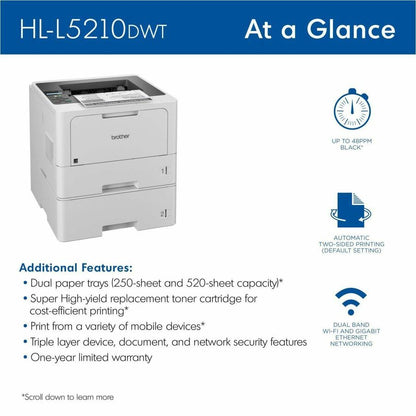Brother HL-L5210DW Desktop Wireless Laser Printer - Monochrome - 48 ppm Mono - 1200 x 1200 dpi Print - Automatic Duplex 