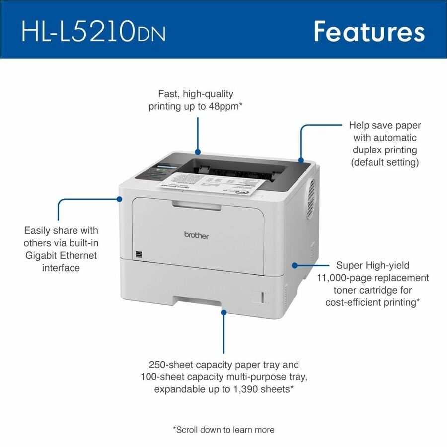 Brother HLL5210DN Desktop Wired Laser Printer - Monochrome - 48.0 ppm Mono - 1200 x 1200 dpi Print - Automatic Duplex Pr