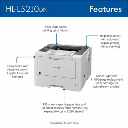 Brother HLL5210DN Desktop Wired Laser Printer - Monochrome - 48.0 ppm Mono - 1200 x 1200 dpi Print - Automatic Duplex Pr