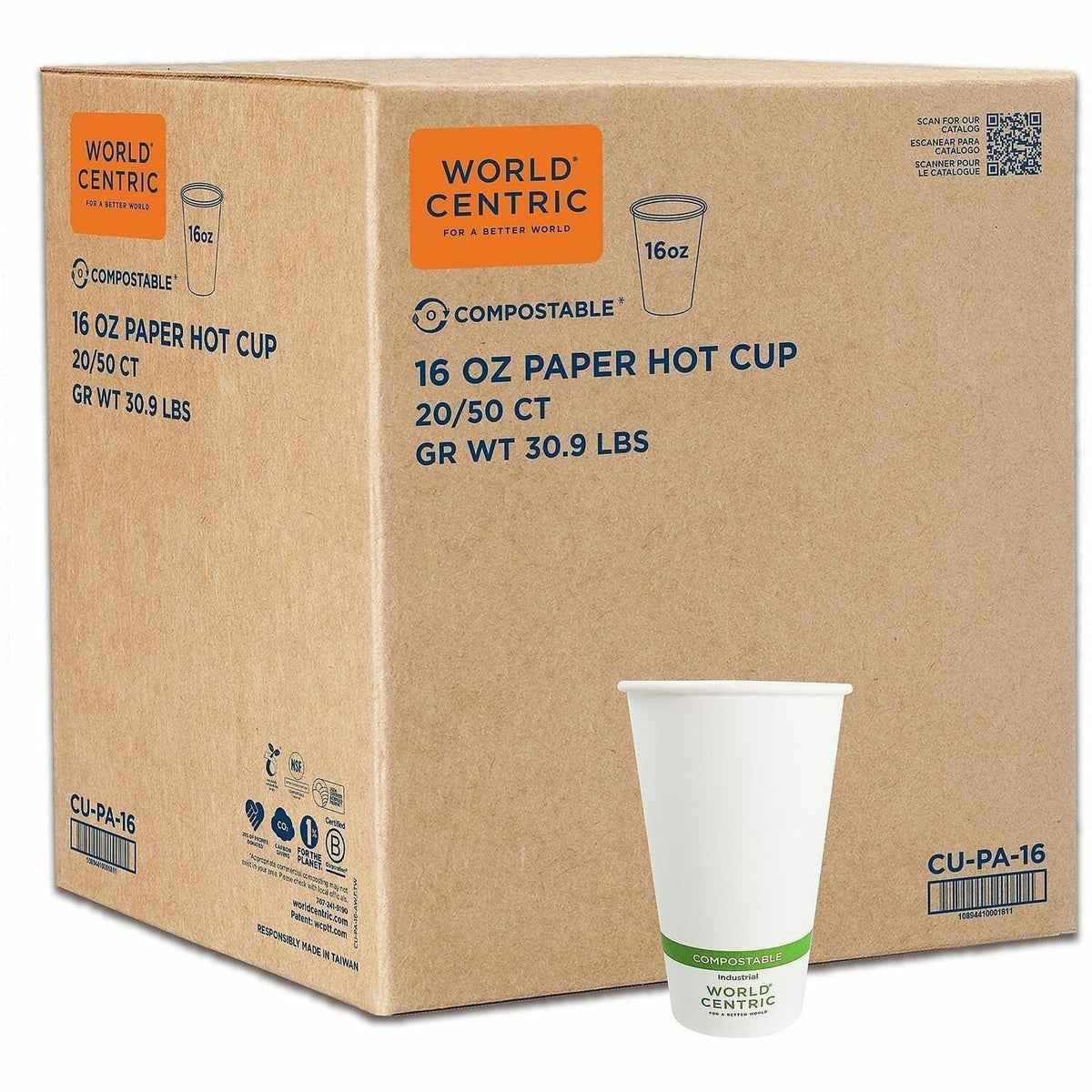 World Centric Compostable White Paper Hot Cups - 16 fl oz - White - Polylactic Acid (PLA) - 20 / Carton