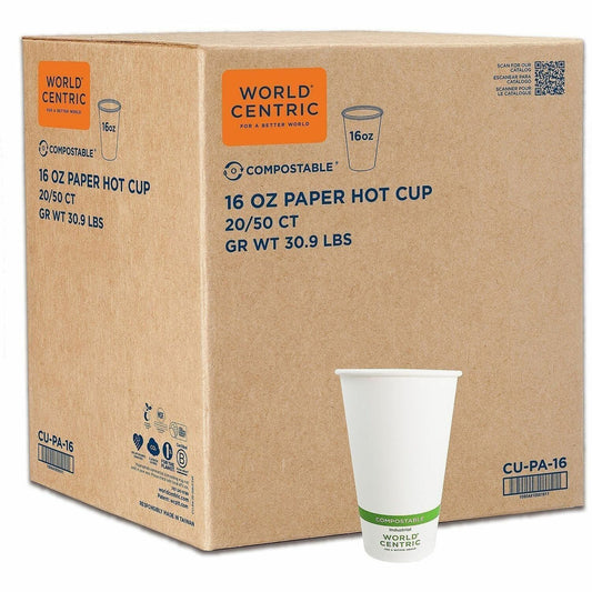 World Centric Compostable White Paper Hot Cups - 16 fl oz - White - Polylactic Acid (PLA) - 20 / Carton