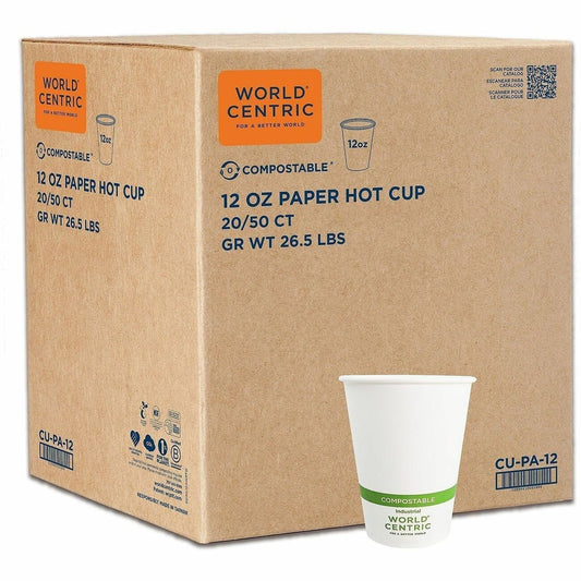 World Centric Compostable White Paper Hot Cups - 12 fl oz - White - Polylactic Acid (PLA) - 20 / Carton