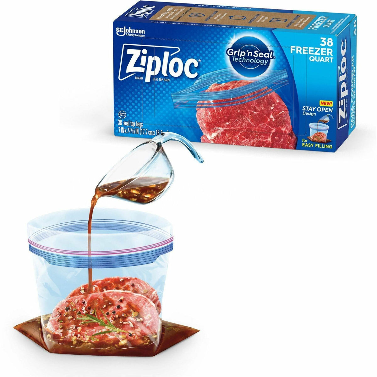 Ziploc® Grip n' Seal Freezer Bags - Medium Size - 1 quart Capacity - 7.43" Length x 7" Width - Textured - Blue - Plastic