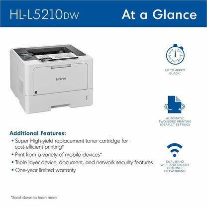 Brother HL-L5210DW Desktop Wireless Laser Printer - Monochrome - 48 ppm Mono - 1200 x 1200 dpi Print - Automatic Duplex 