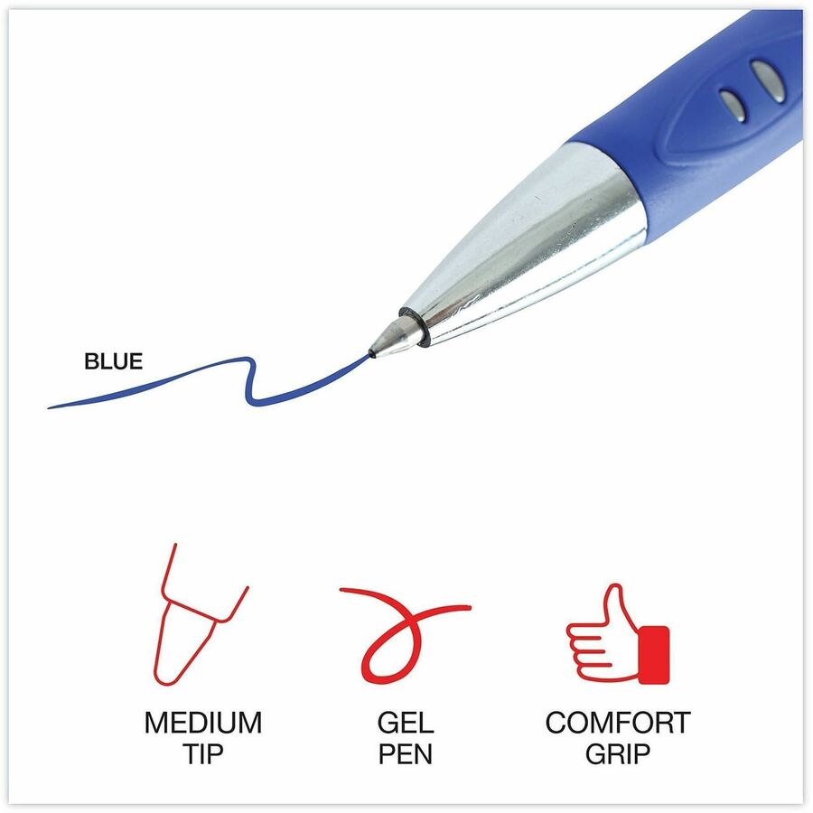 Universal Comfort Grip Gel Pen - 0.7 mm Medium Conical Pen Point - Retractable - Blue Ink - Water Based - Gray, Blue, Si