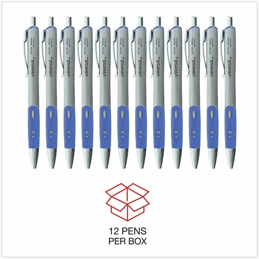 Universal Comfort Grip Gel Pen - 0.7 mm Medium Conical Pen Point - Retractable - Blue Ink - Water Based - Gray, Blue, Si