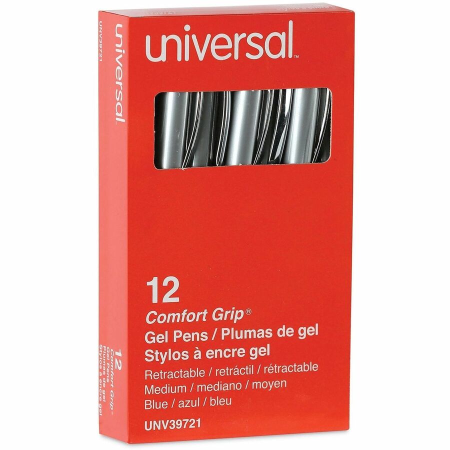 Universal Comfort Grip Gel Pen - 0.7 mm Medium Conical Pen Point - Retractable - Blue Ink - Water Based - Gray, Blue, Si