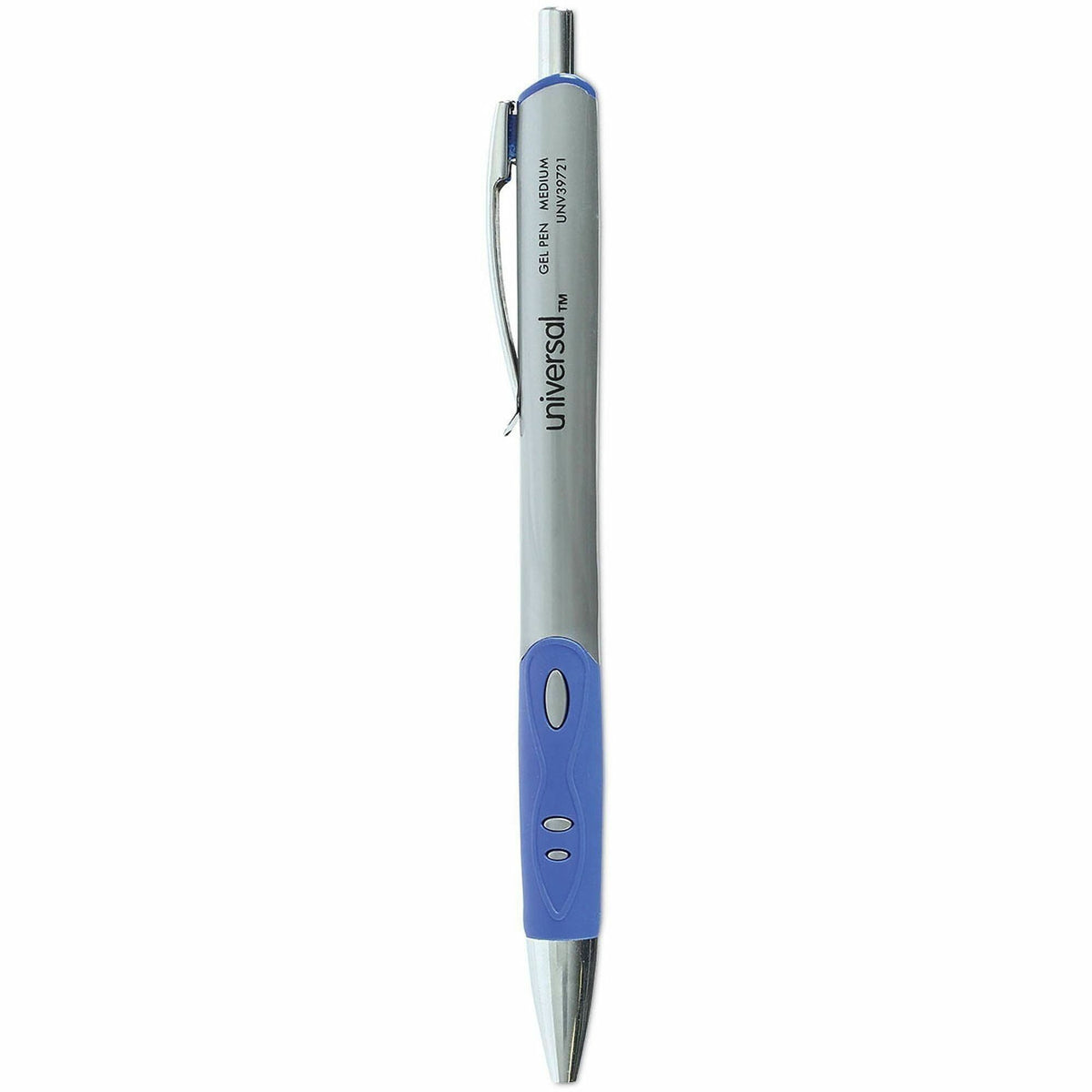 Universal Comfort Grip Gel Pen - 0.7 mm Medium Conical Pen Point - Retractable - Blue Ink - Water Based - Gray, Blue, Si