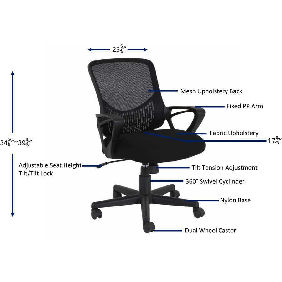 NuSparc Mid-back Mesh Task Chair - Fabric Seat Material - Mid Back - Black - 1 Each