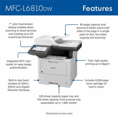 Brother MFC-L6810DW Wireless Laser Multifunction Printer - Monochrome - Gray - Copier/Printer/Scanner - 52 ppm Mono Prin