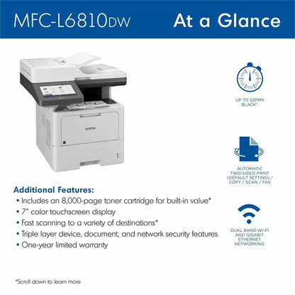 Brother MFC-L6810DW Wireless Laser Multifunction Printer - Monochrome - Gray - Copier/Printer/Scanner - 52 ppm Mono Prin