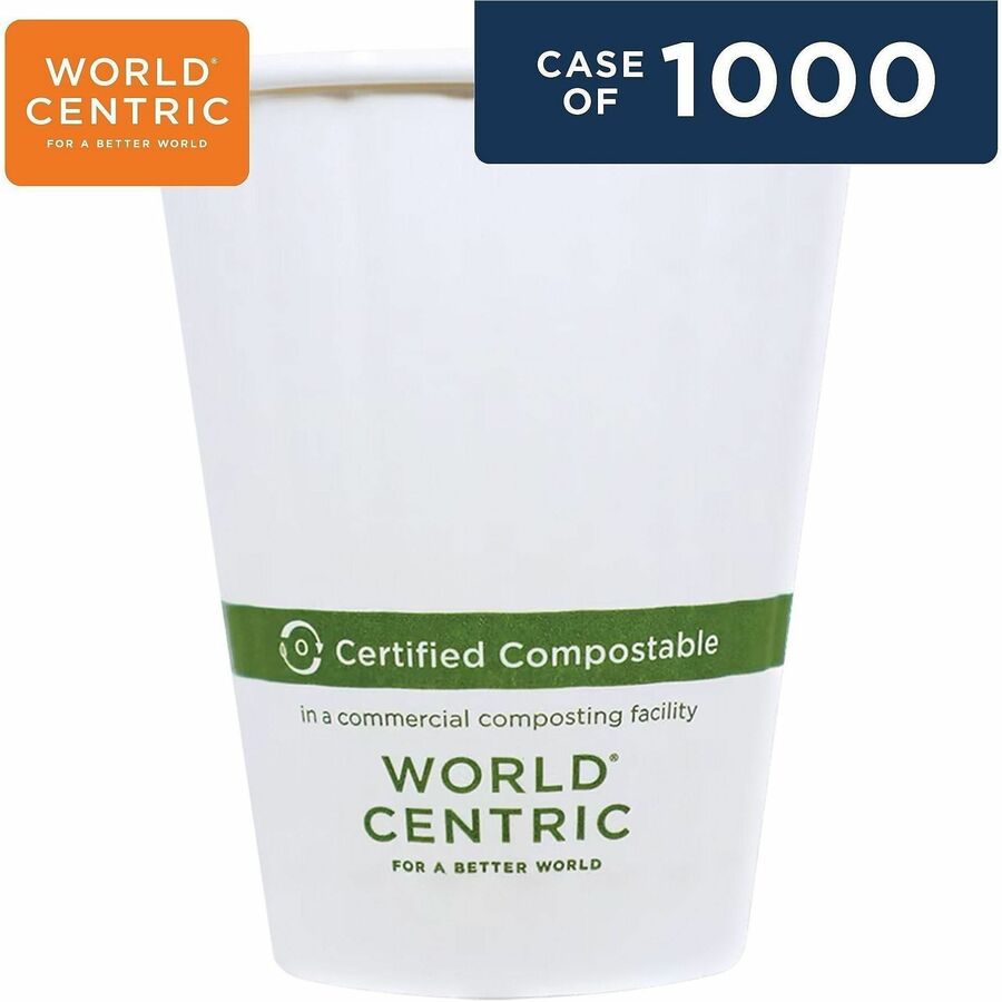 World Centric Compostable Double-Wall Paper Hot Cups - 8 fl oz - White - Paper - Cafe, Hot Drink, Tea, Coffee, Hot Choco