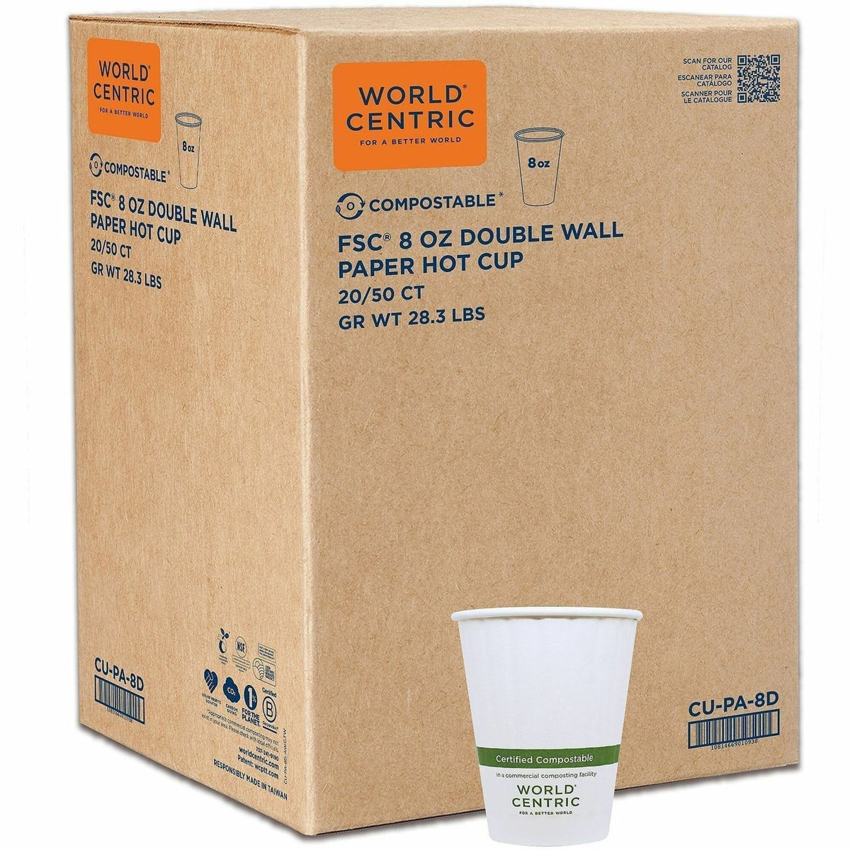 World Centric Compostable Double-Wall Paper Hot Cups - 8 fl oz - White - Paper - Cafe, Hot Drink, Tea, Coffee, Hot Choco