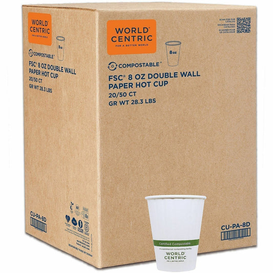 World Centric Compostable Double-Wall Paper Hot Cups - 8 fl oz - White - Paper - Cafe, Hot Drink, Tea, Coffee, Hot Choco