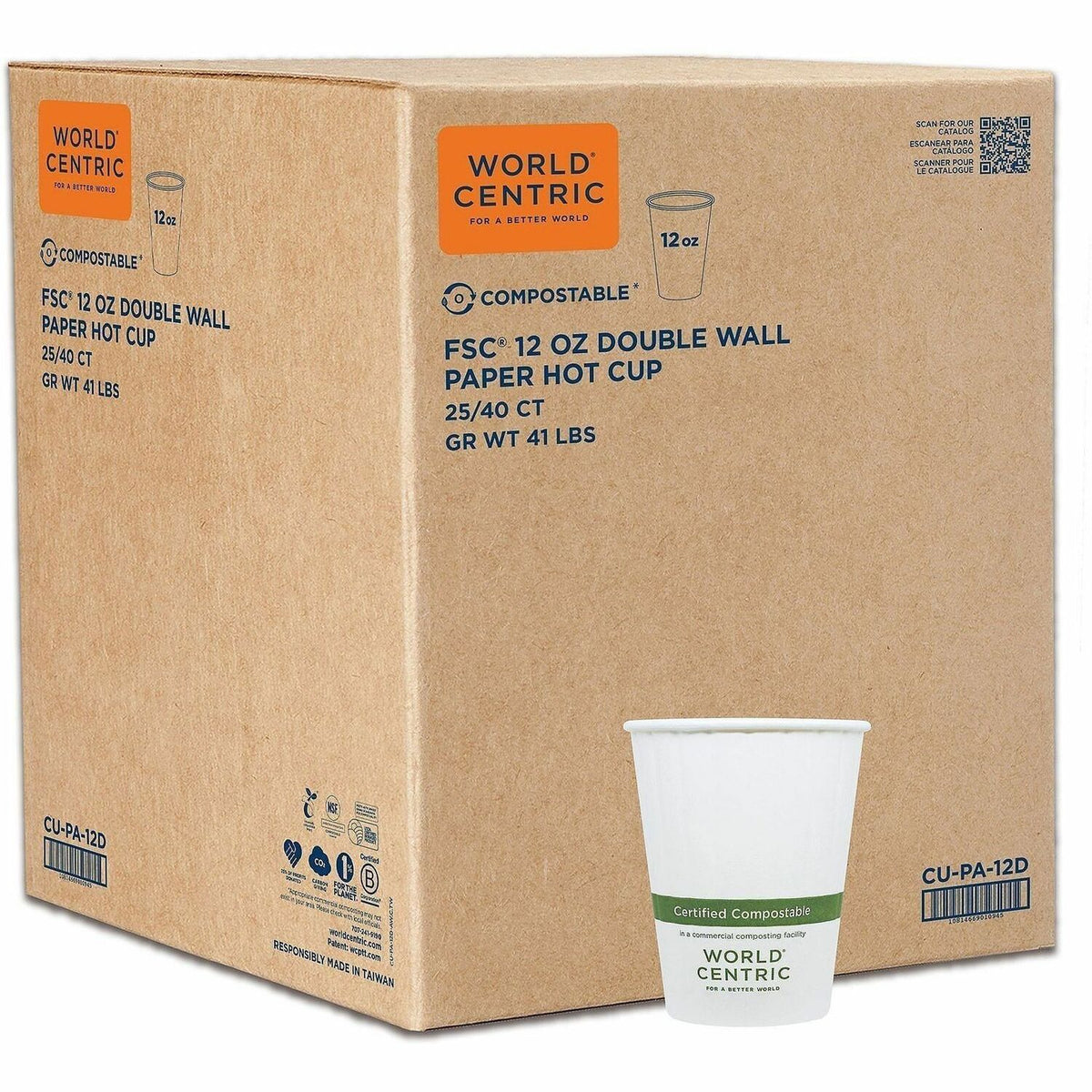 World Centric Double Wall Paper Hot Cups - 12 fl oz - Leak Proof Closure - White - Paper - Hot Drink, Coffee, Tea - 40 C