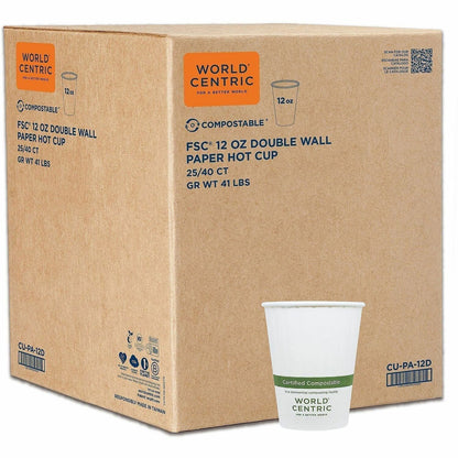 World Centric Double Wall Paper Hot Cups - 12 fl oz - Leak Proof Closure - White - Paper - Hot Drink, Coffee, Tea - 40 C