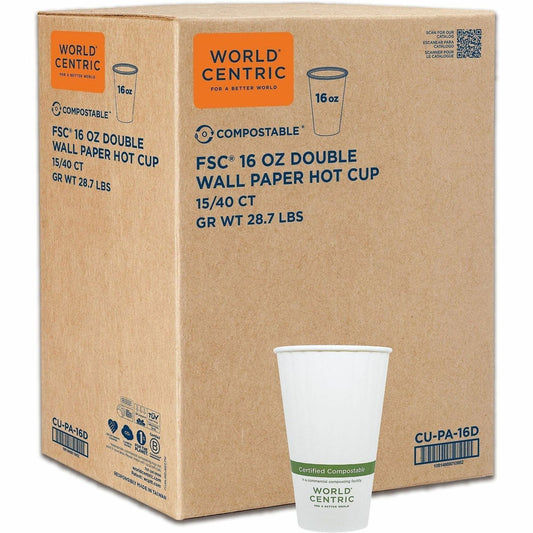 World Centric Compostable Double-Wall Paper Hot Cups - 16 fl oz - Leak Proof Closure - White - Paper - 15 / Carton