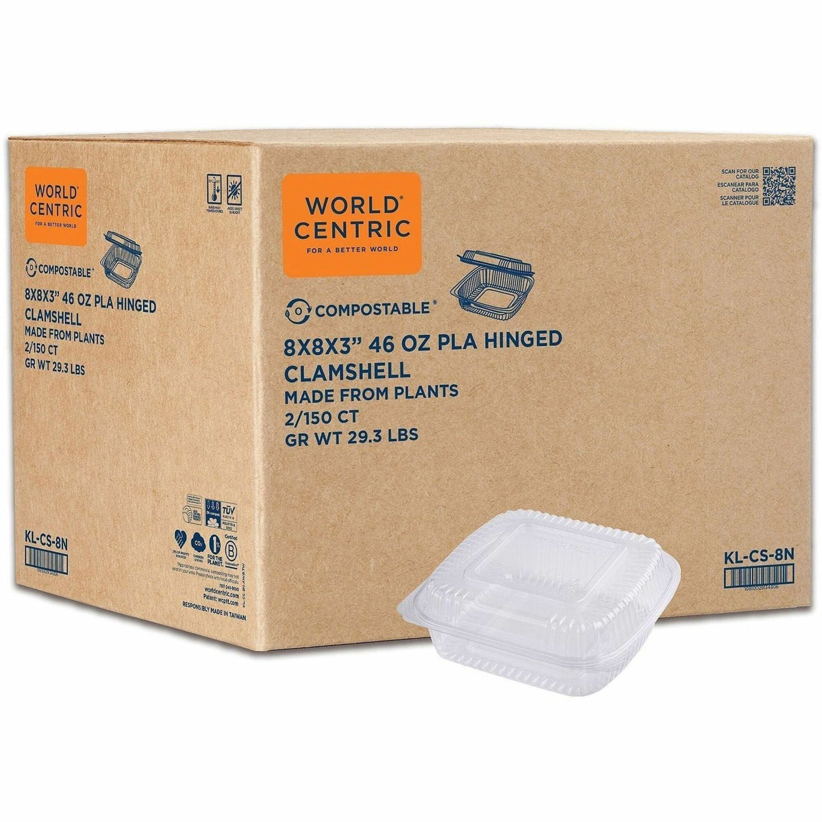 World Centric Compostable Clear Hinged Container - Food, Food Storage - Clear - Paper, Polylactic Acid (PLA) Body - 300 