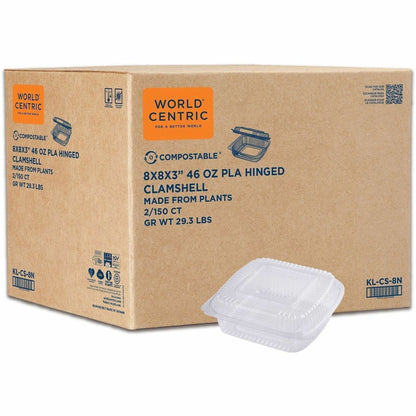 World Centric Compostable Clear Hinged Container - Food, Food Storage - Clear - Paper, Polylactic Acid (PLA) Body - 300 