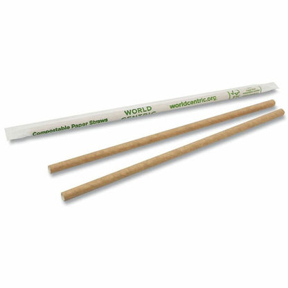 World Centric Compostable Kraft Paper Straws - 8" Length x 0.2" Width x 0.2" Height - Kraft Paper - Natural - 100/Pack -