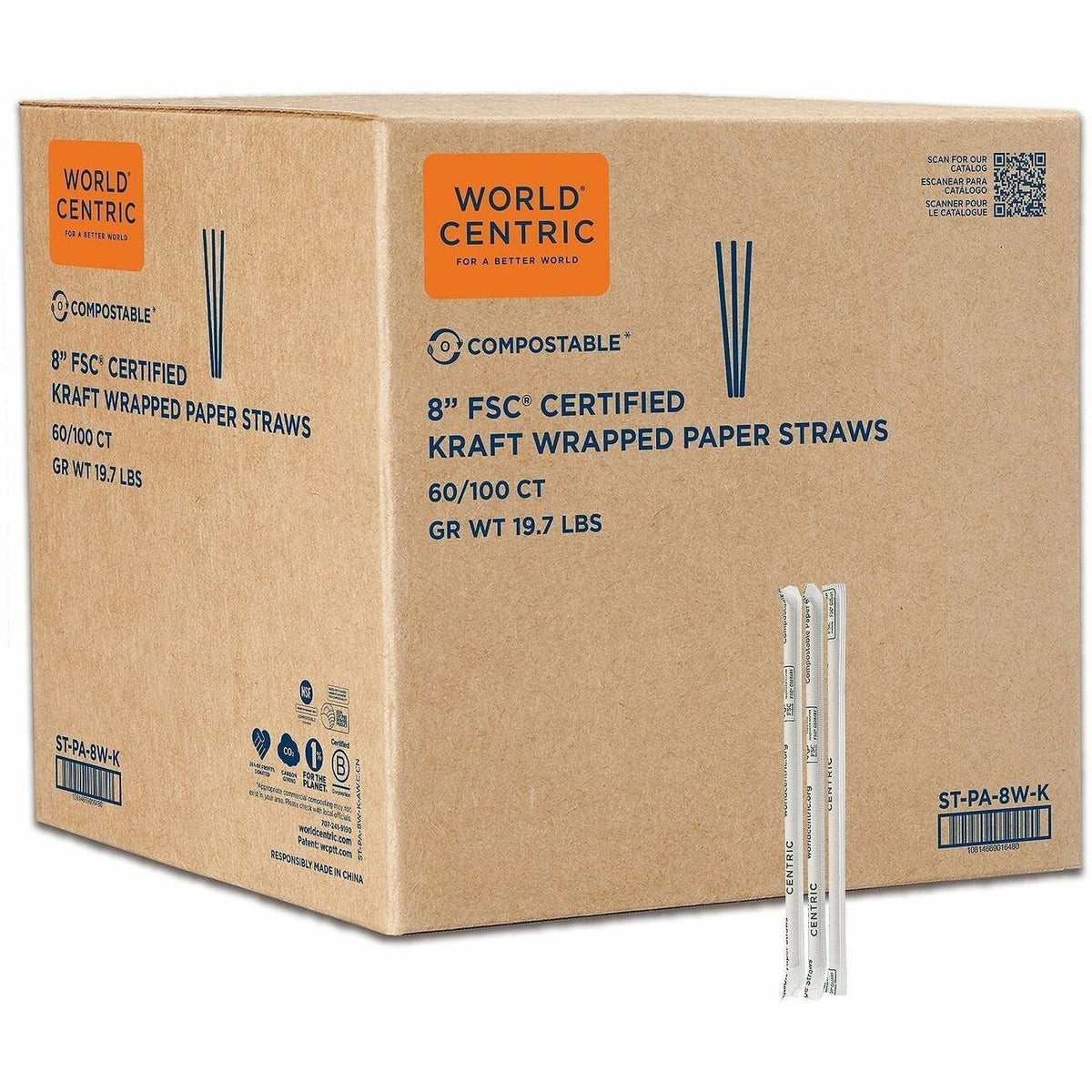 World Centric Compostable Kraft Paper Straws - 8" Length x 0.2" Width x 0.2" Height - Kraft Paper - Natural - 100/Pack -