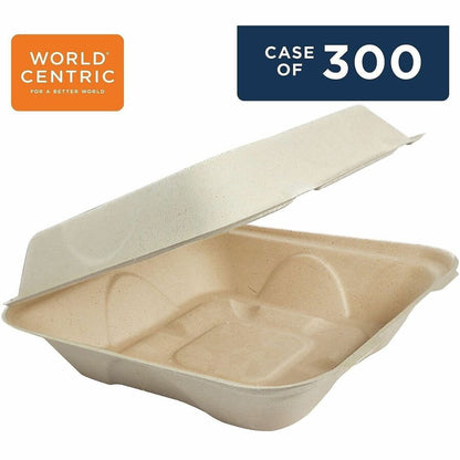World Centric Compostable Fiber Hinged Container - Food, Food Storage - Natural - Fiber Body - 300 / Carton