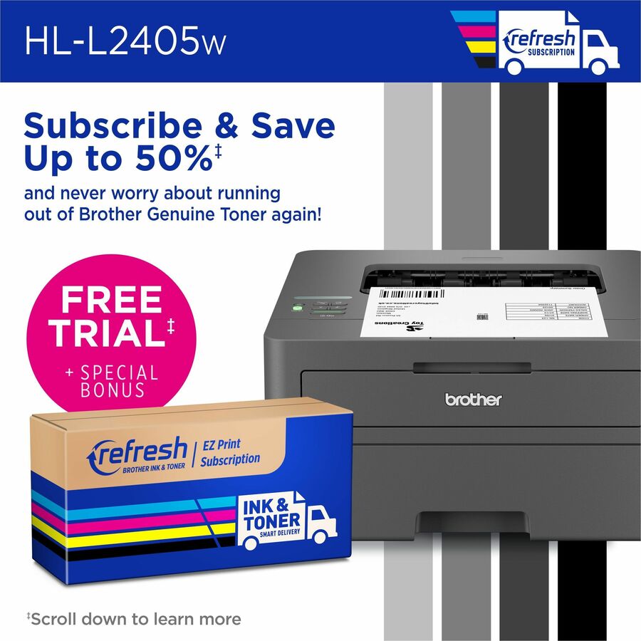 Brother HL HL-L2405W Desktop Wireless Laser Printer - Monochrome - 30 ppm Mono - 1200 x 1200 dpi Print - 250 Sheets Inpu