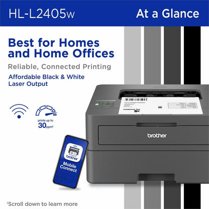 Brother HL HL-L2405W Desktop Wireless Laser Printer - Monochrome - 30 ppm Mono - 1200 x 1200 dpi Print - 250 Sheets Inpu