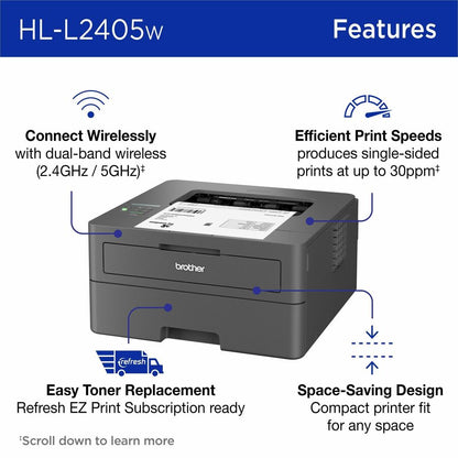Brother HL HL-L2405W Desktop Wireless Laser Printer - Monochrome - 30 ppm Mono - 1200 x 1200 dpi Print - 250 Sheets Inpu