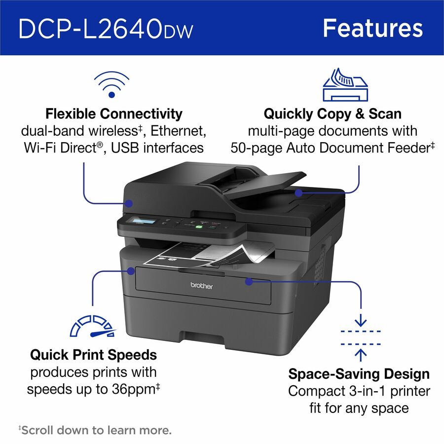 Brother DCP-L2640DW Wireless Laser Multifunction Printer - Monochrome - Gray - Copier/Printer/Scanner - 23.6 ppm Mono Pr