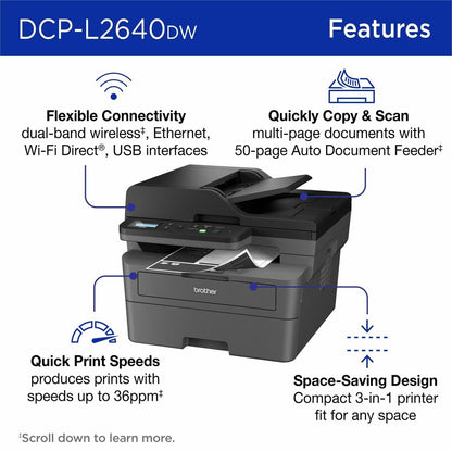 Brother DCP-L2640DW Wireless Laser Multifunction Printer - Monochrome - Gray - Copier/Printer/Scanner - 23.6 ppm Mono Pr
