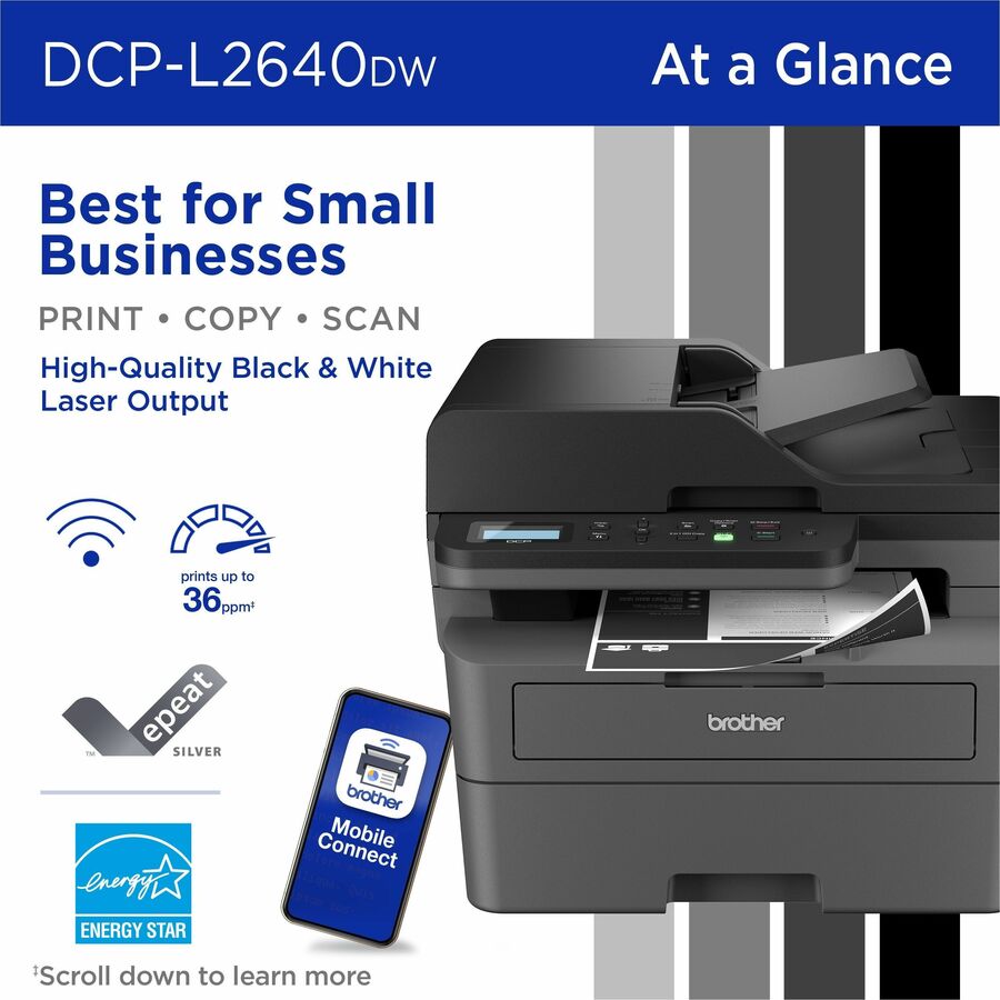 Brother DCP-L2640DW Wireless Laser Multifunction Printer - Monochrome - Gray - Copier/Printer/Scanner - 23.6 ppm Mono Pr