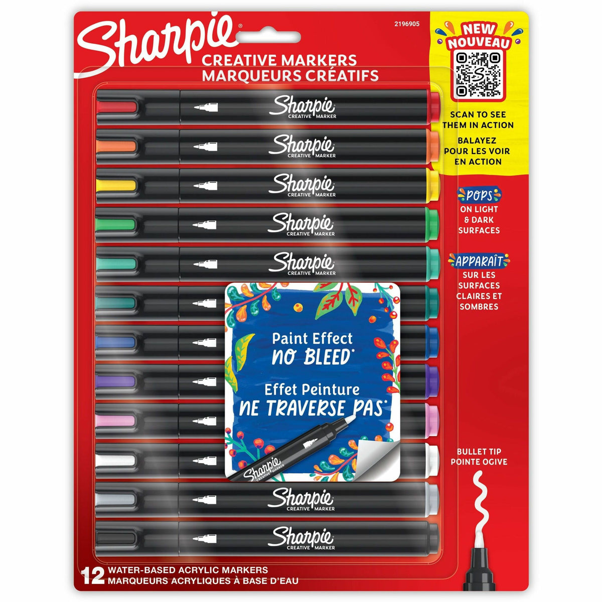 Sharpie Creative Markers, Water-Based Acrylic Markers, Bullet Tip - Assorted Ink - Water Based - Black Barrel - 12 / Pac