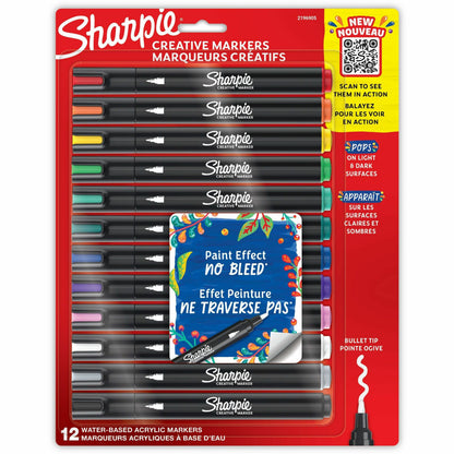 Sharpie Creative Markers, Water-Based Acrylic Markers, Bullet Tip - Assorted Ink - Water Based - Black Barrel - 12 / Pac