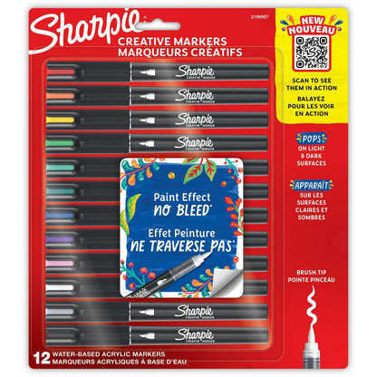 Sharpie Creative Markers, Water-Based Acrylic Markers, Brush Tip - Assorted Ink - Water Based - Black Barrel - Multipurp